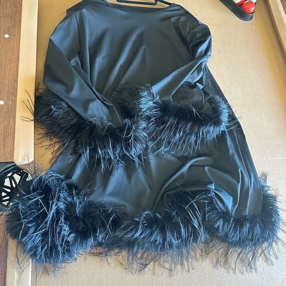 Chic Black Long Sleeve Dress with Feather Accents